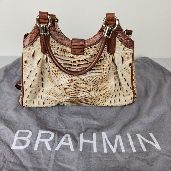 Brahmin Elisa Hobo Shoulder Bag Brown Cream Croc Embossed Leather Gold Hardware - Picture 7 of 16